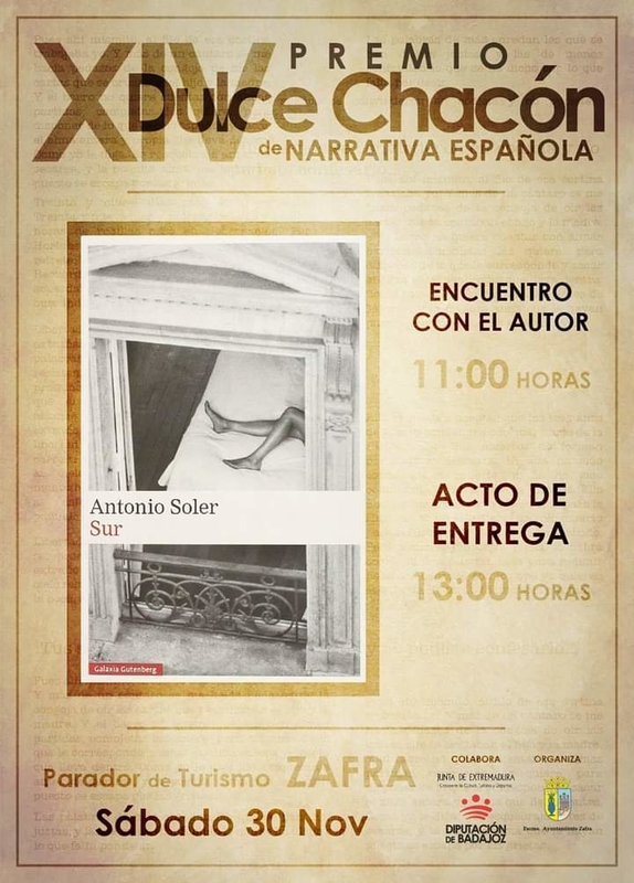 El escritor Antonio Soler recogerá el sábado 30 el XIV Premio Dulce Chacón de Narrativa Española por Sur
