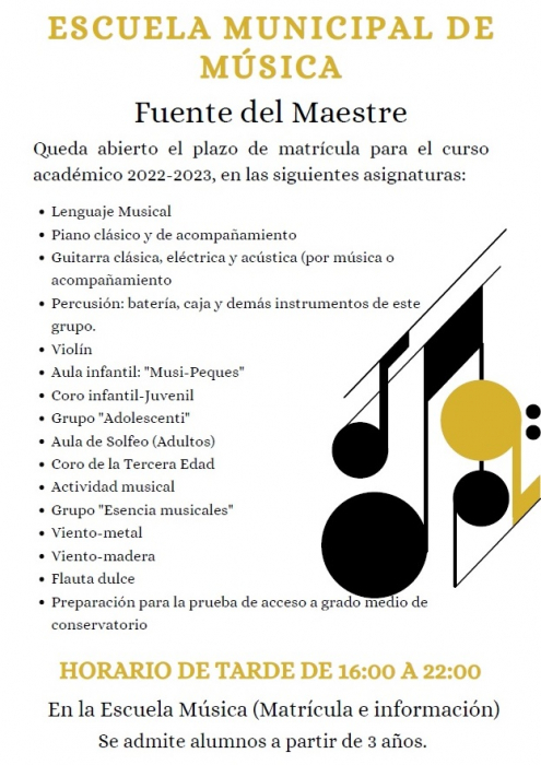 La Escuela Municipal de Música de Fuente del Maestre abre el plazo de matrículas para el curso 2022-2023