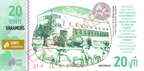 El billete de 20 Varamedís que será presentado en el Pabellón Institucional está íntegramente dedicado a la Feria de Zafra