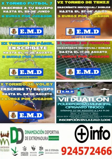 Los Santos de Maimona pone en marcha torneos de fútbol 7, tenis, pádel, frontón voley y el duatlón de la vendimia