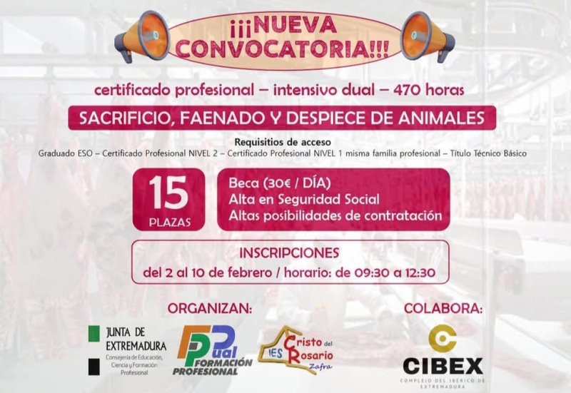 Hasta el 13 de febrero el plazo para inscribirse para el Certificado de Profesionalidad II `Sacrificio, Faenado y Despiece de Animales´ en Zafra