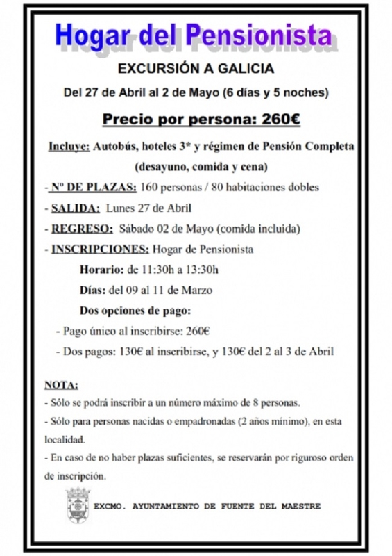 El Hogar del Pensionista y el Ayuntamiento fontanés organizan un viaje a Galicia a finales de abril