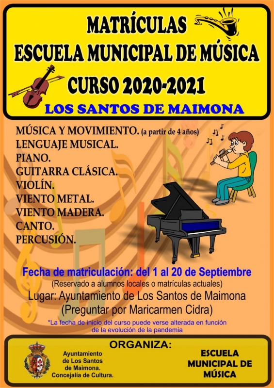 La Escuela Municipal de Música de Los Santos de Maimona abre su plazo de matriculaciones para el curso 2020-2021