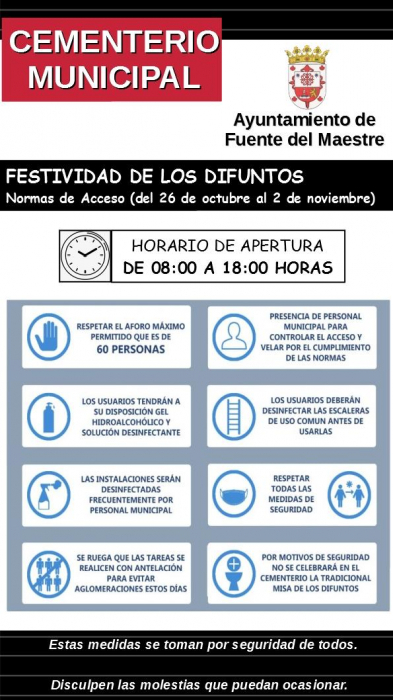 Fuente del Maestre publica la normativa de acceso al cementerio municipal por la Festividad de los Difuntos