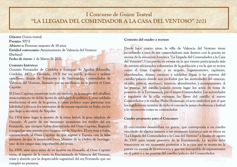 El Ayuntamiento de Valencia del Ventoso convoca el I Concurso de Guion Teatral `La Llegada del Comendador a la Casa del Ventoso
