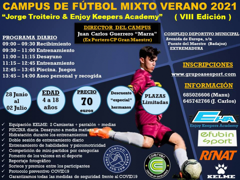 Fuente del Maestre acogerá el Campus de Fútbol Mixto Verano 2021 `Jorge Troiteiro & Enjoy Keepers Academy