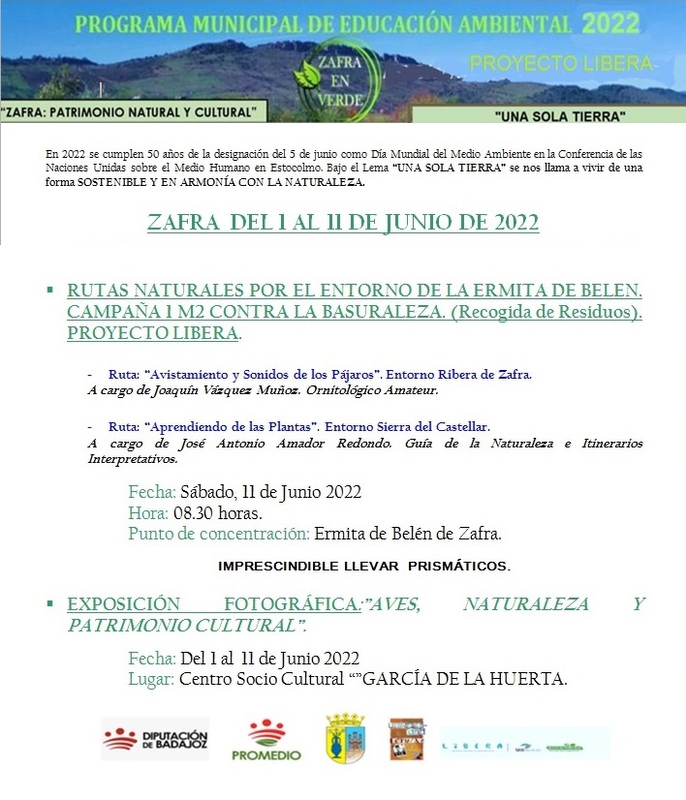 El Programa Municipal de Educación Ambiental de Zafra invita a participar en dos rutas el sábado 11 de junio