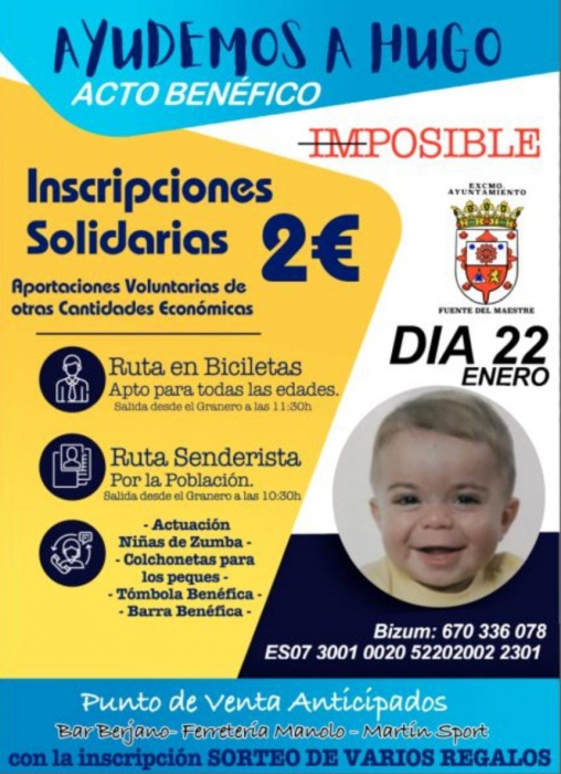 Este domingo se celebrará en Fuente del Maestre una jornada solidaria bajo el lema de `Todos con Hugo