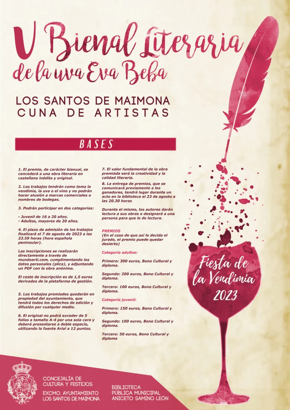 Convocada la quinta edición de la `Bienal Literaria de la Uva Eva Beba  Los Santos Cuna de Artistas