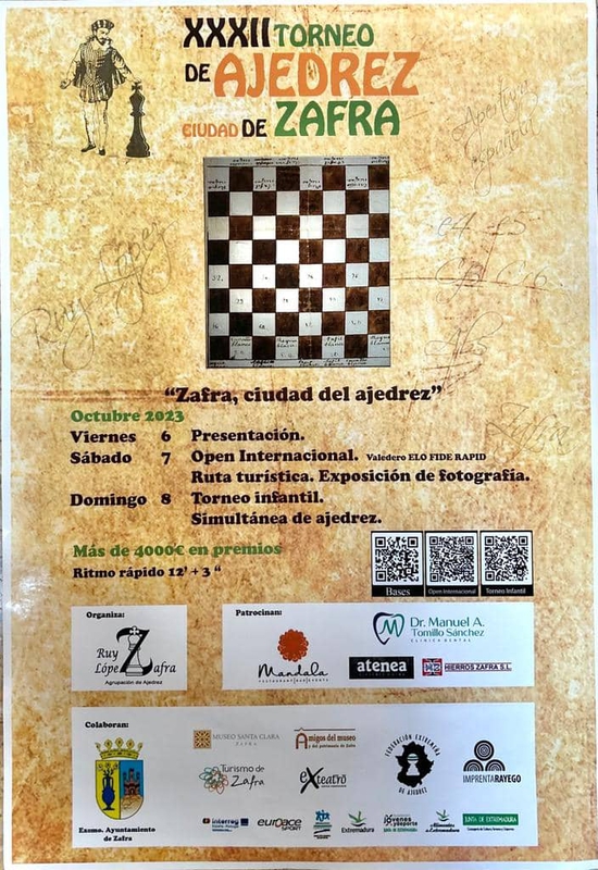 El XXXII Torneo de Ajedrez `Ciudad de Zafra se celebrará desde mañana viernes hasta el día 8 con 153 participantes