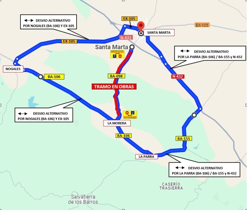 Cerrado al tráfico la Carretera Provincial BA-098 de La Morera a Santa Marta hasta el 26 de agosto