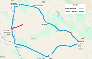 Corte de tráfico en la Carretera Provincial BA-131 entre Los Santos de Maimona y Valencia de ls Torres hasta enero