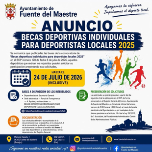 El Ayuntamiento de Fuente del Maestre convoca las Becas Deportivas Individuales para deportistas locales 2025