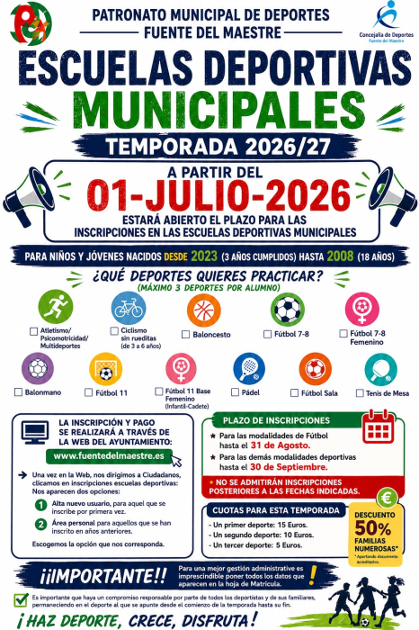 Abierto el plazo de inscripciones para las Escuelas Deportivas Municipales 26/27 en Fuente del Maestre