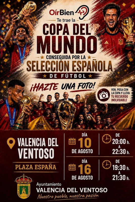 Valencia del Ventoso acercará la Copa del Mundo a vecinos y visitantes con dos jornadas de fotografías junto al trofeo original