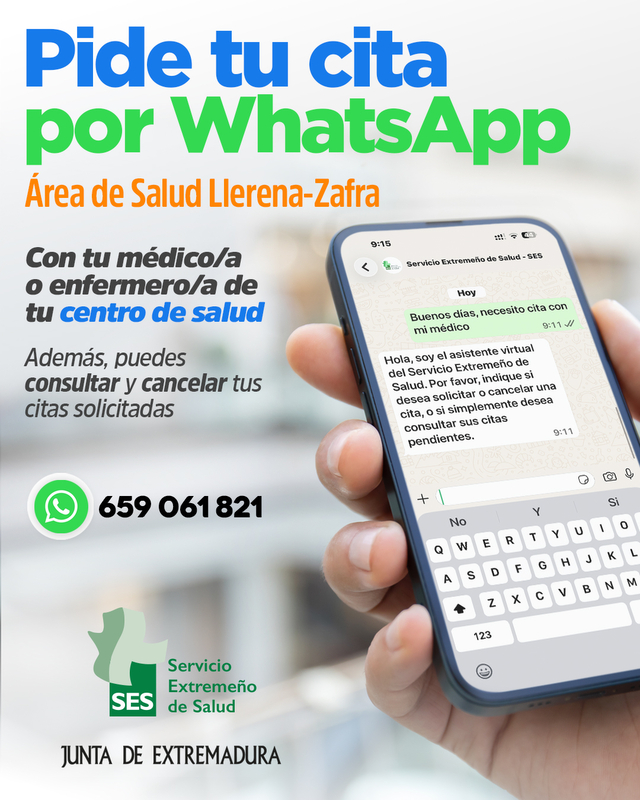 El SES amplía al Área de Salud de Llerena-Zafra el servicio de cita previa en Atención Primaria a través de WhatsApp